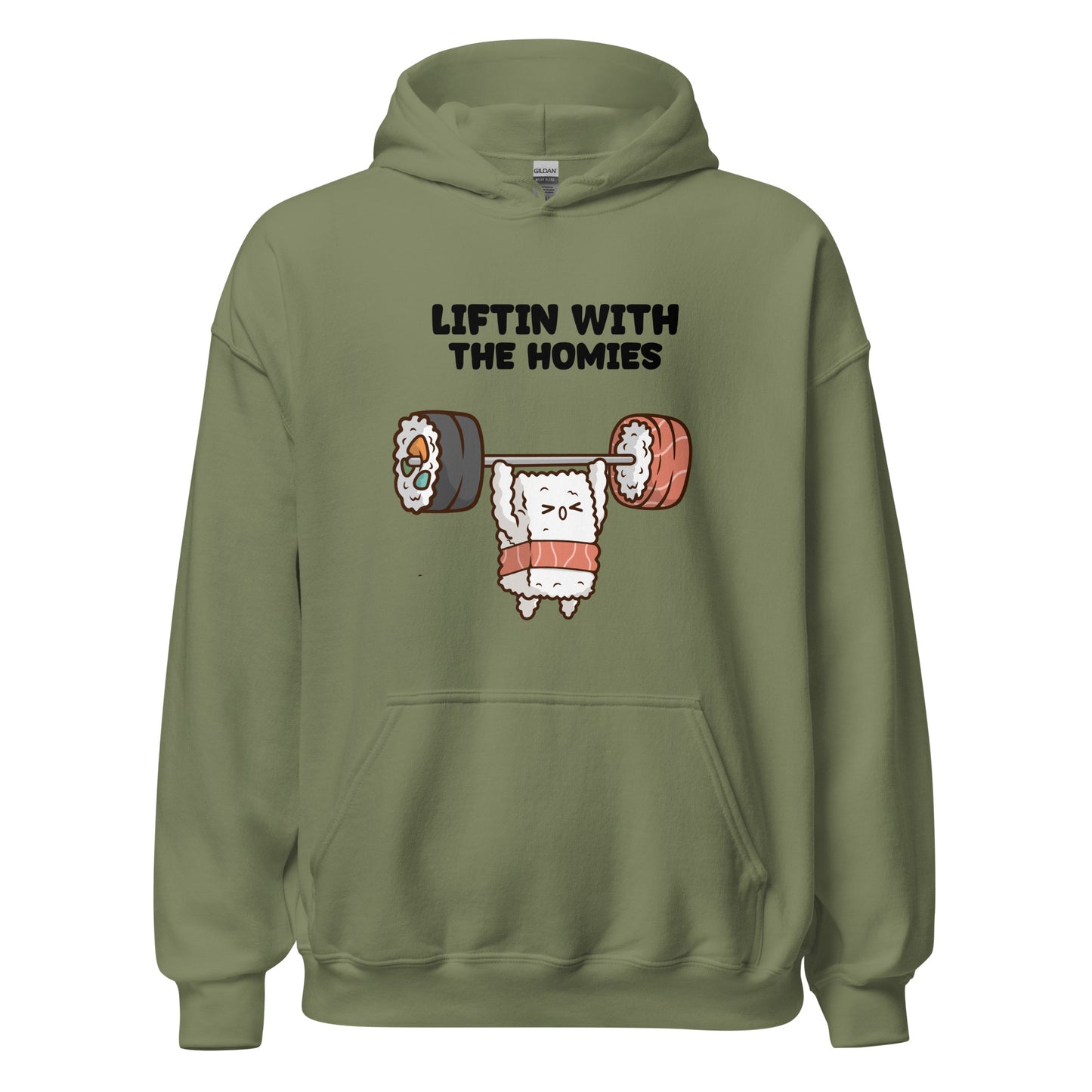 Kawaii Sushi Bros - Powerlifting Nigiri Hoodie military green front